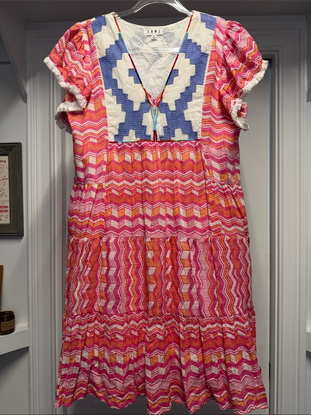 THML Pink Orange Chevron Mini Dress with Blue Accent